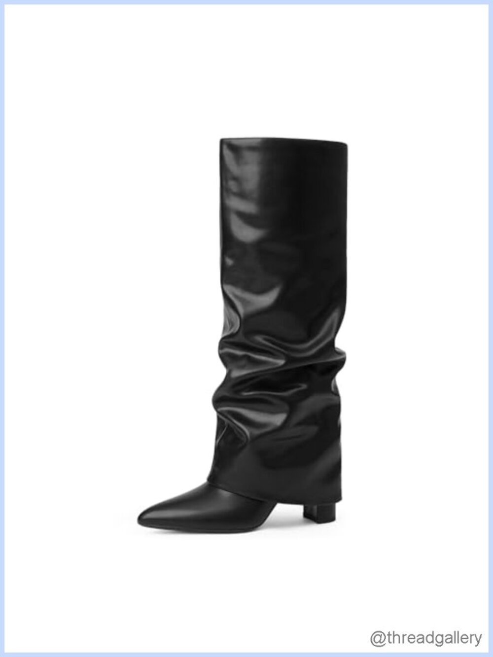 Fold Over Knee High Boots Chunky Heel Pointed Toe Tall Faux Leather Wide Calf